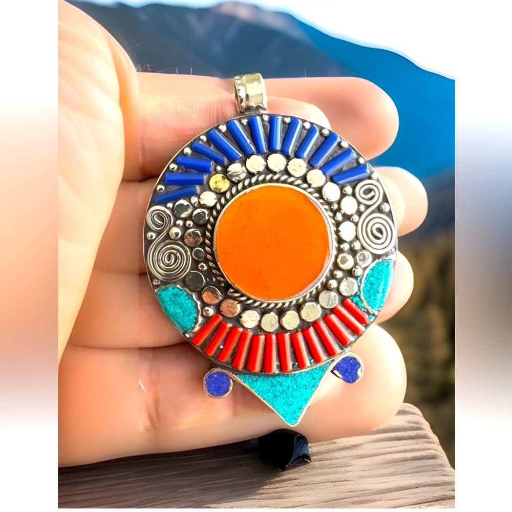 Stunning & Handcrafted Ethnic Tibetan Pendant Inlay With Stones & Silver 48grams